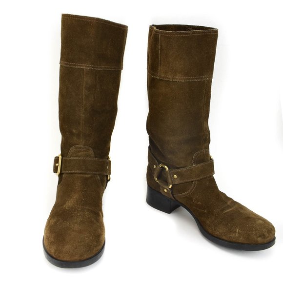 PRADA: Brown, Suede Leather & Gold Logo Mid-Calf Boots Sz: 7.5M - Picture 1 of 11